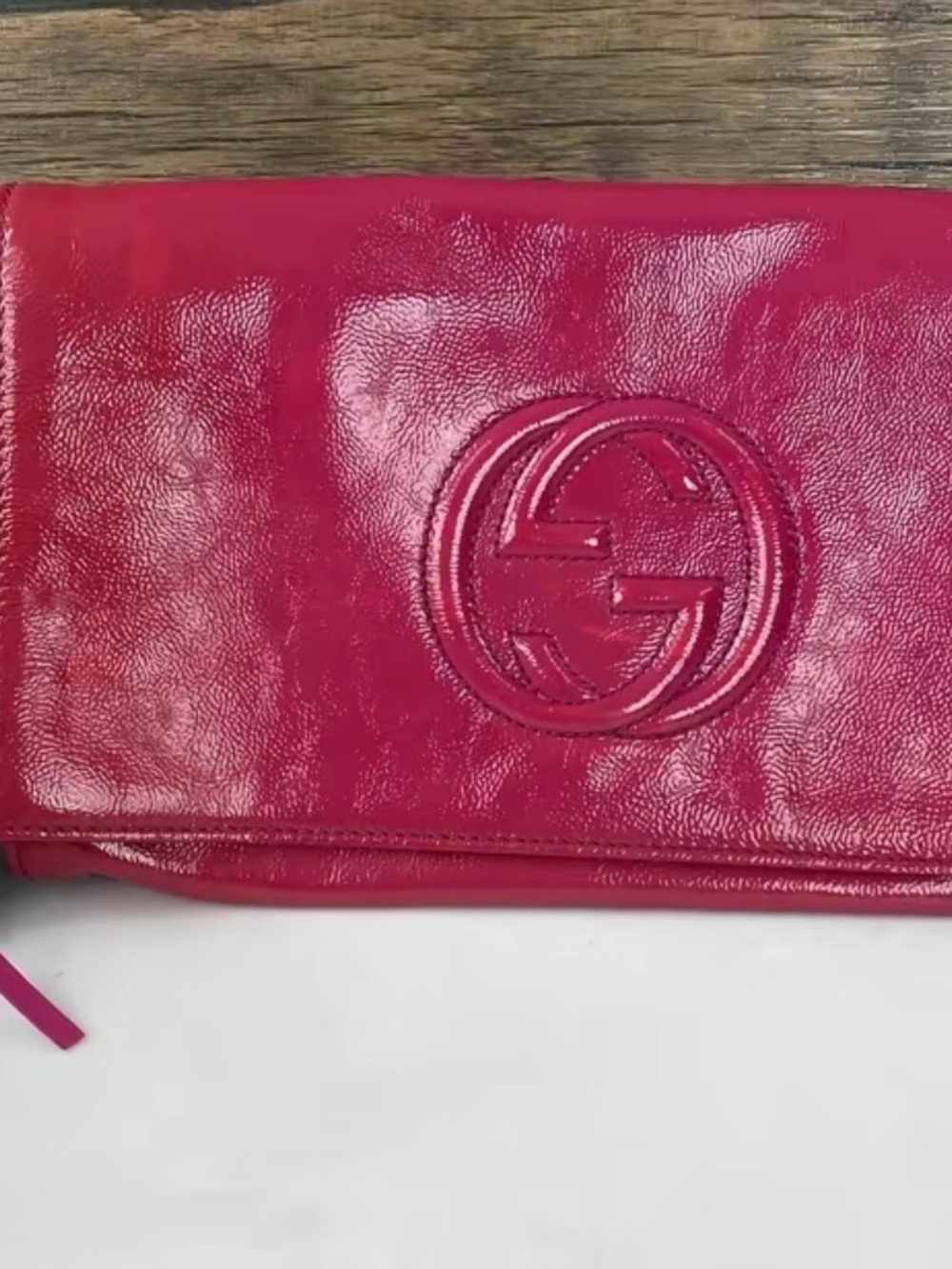 Authentic Gucci Hot Pink Patent Leather Clutch with Embossed Logo